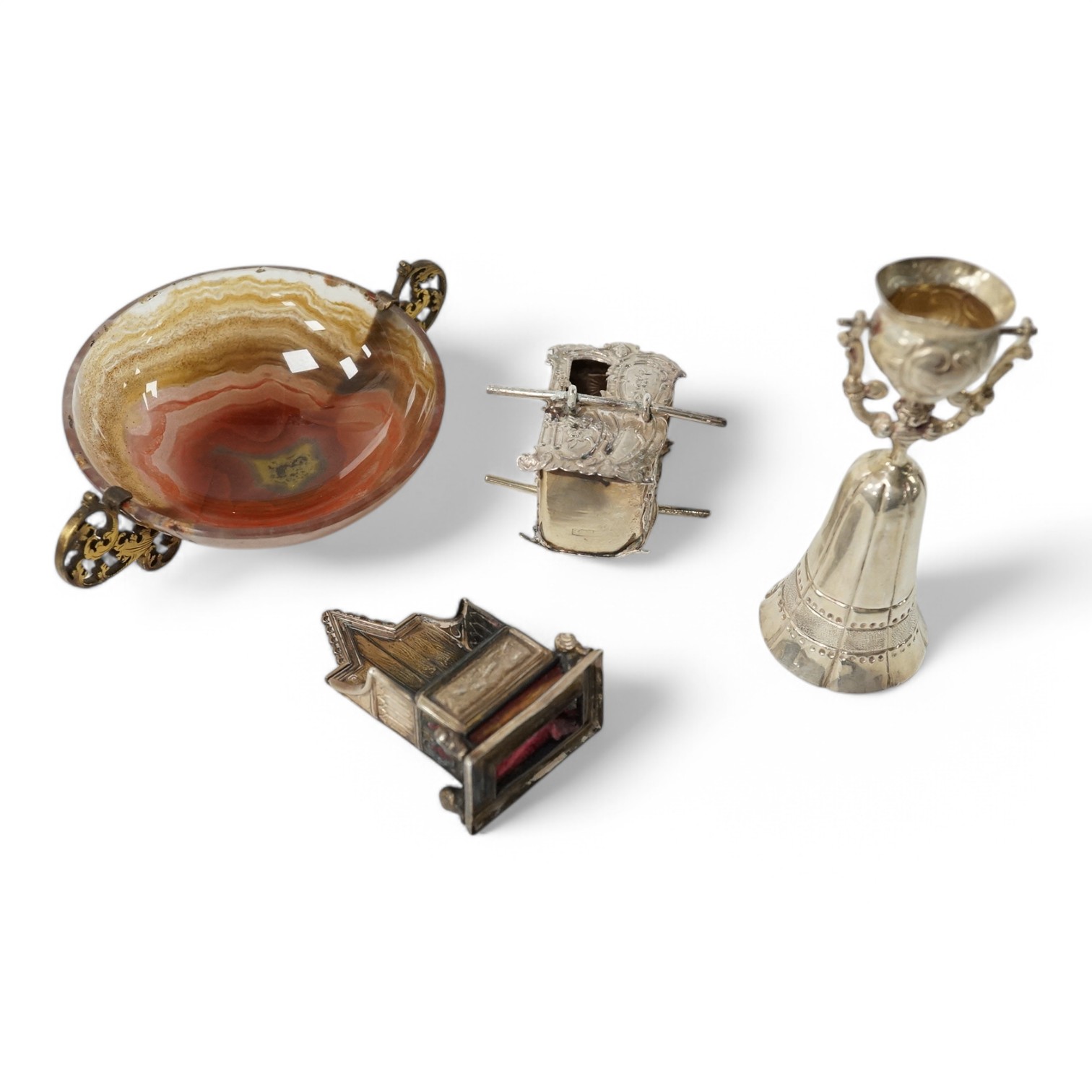 An Edwardian miniature silver wager cup, by Levi & Salaman, 70mm, a miniature white metal Sedan chair, an Edwardian miniature silver mounted pin cushion modelled as a throne, Gourdel Vales & Co, Birmingham, 1901 an a 19t